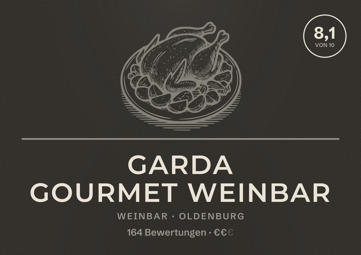 Illustriertes Poster von Garda Gourmet Weinbar, Weinbar in Oldenburg: Bewertung 8,1 von 10 aus 164 Bewertungen, Preisniveau €€