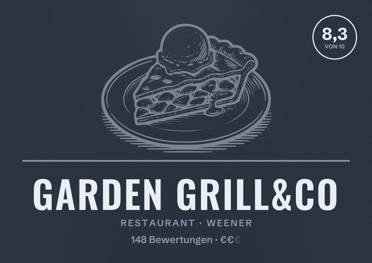 Illustriertes Poster von Garden Grill&Co, Restaurant in Weener: Bewertung 8,3 von 10 aus 148 Bewertungen, Preisniveau €€
