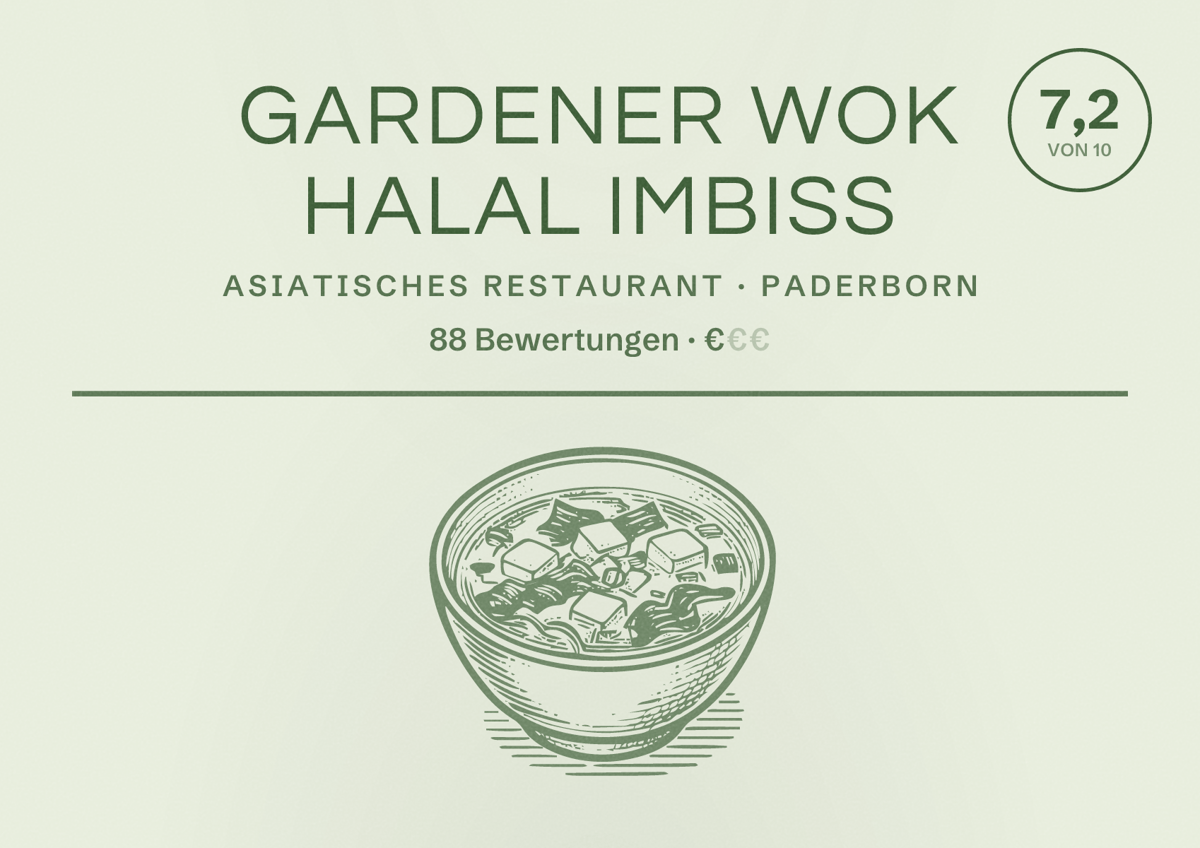 Illustriertes Poster von Gardener Wok Halal Imbiss, Asiatisches Restaurant in Paderborn: Bewertung 7,2 von 10 aus 88 Bewertungen, Preisniveau €
