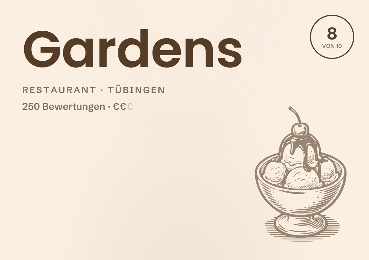 Illustriertes Poster von Gardens, Restaurant in Tübingen: Bewertung 8 von 10 aus 250 Bewertungen, Preisniveau €€