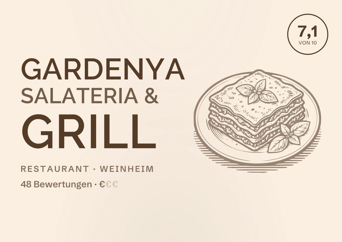 Illustriertes Poster von Gardenya Salateria & Grill, Restaurant in Weinheim: Bewertung 7,1 von 10 aus 48 Bewertungen, Preisniveau €