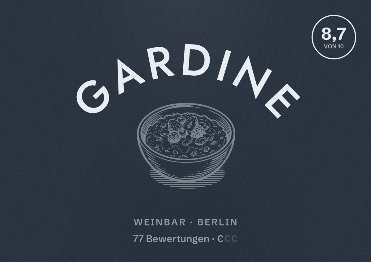 Illustriertes Poster von Gardine, Weinbar in Berlin: Bewertung 8,7 von 10 aus 77 Bewertungen, Preisniveau €