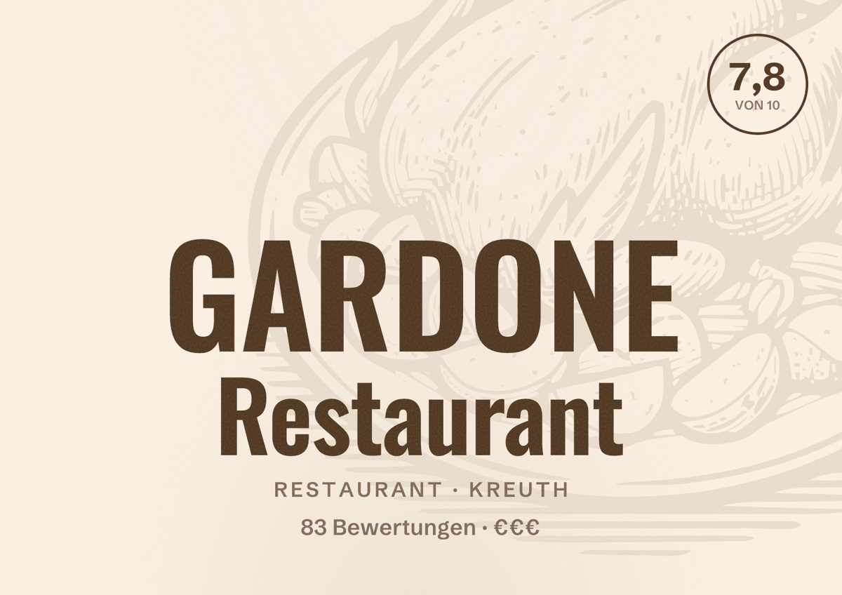 Illustriertes Poster von GARDONE Restaurant, Restaurant in Kreuth: Bewertung 7,8 von 10 aus 83 Bewertungen, Preisniveau €€€