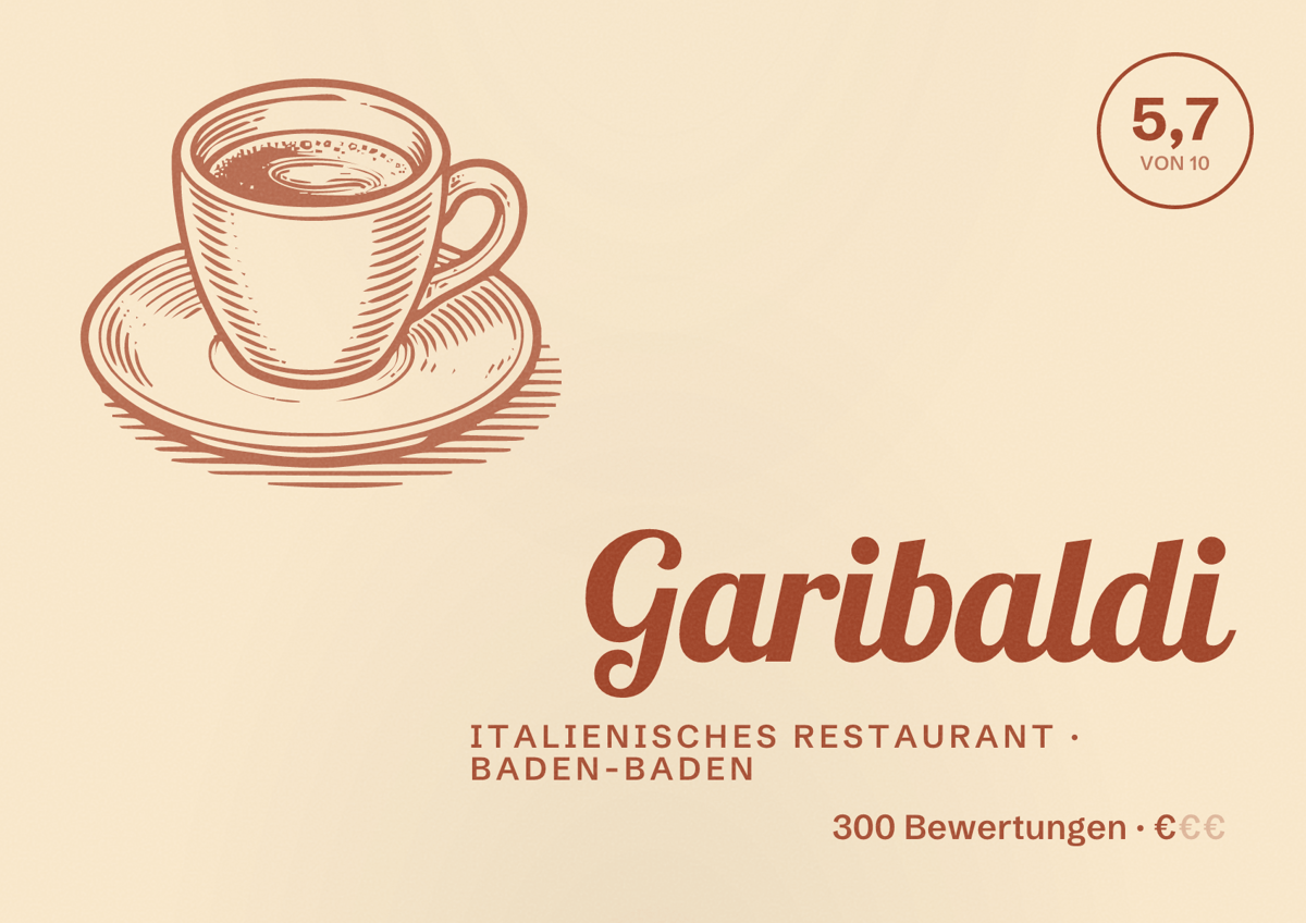 Illustriertes Poster von Garibaldi, Italienisches Restaurant in Baden-Baden: Bewertung 5,7 von 10 aus 300 Bewertungen, Preisniveau €