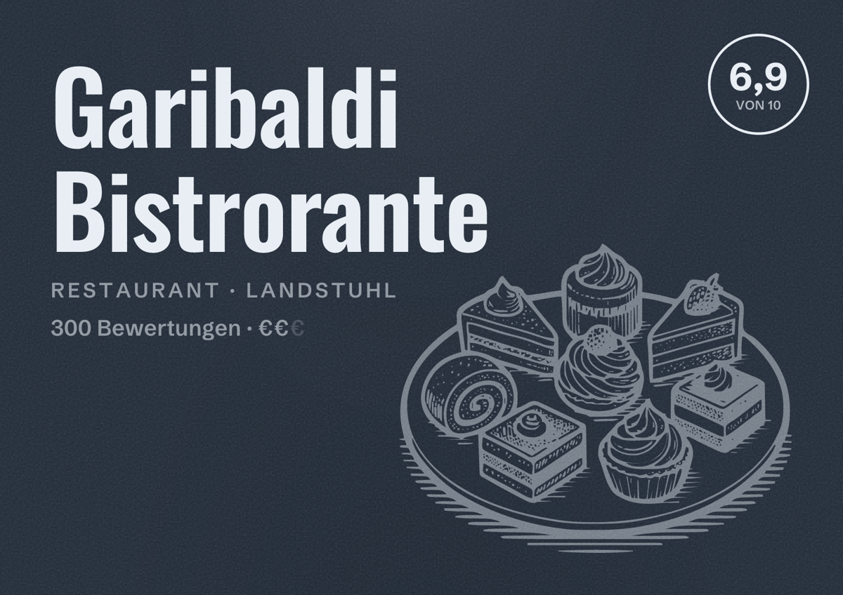 Illustriertes Poster von Garibaldi Bistrorante, Restaurant in Landstuhl: Bewertung 6,9 von 10 aus 300 Bewertungen, Preisniveau €€