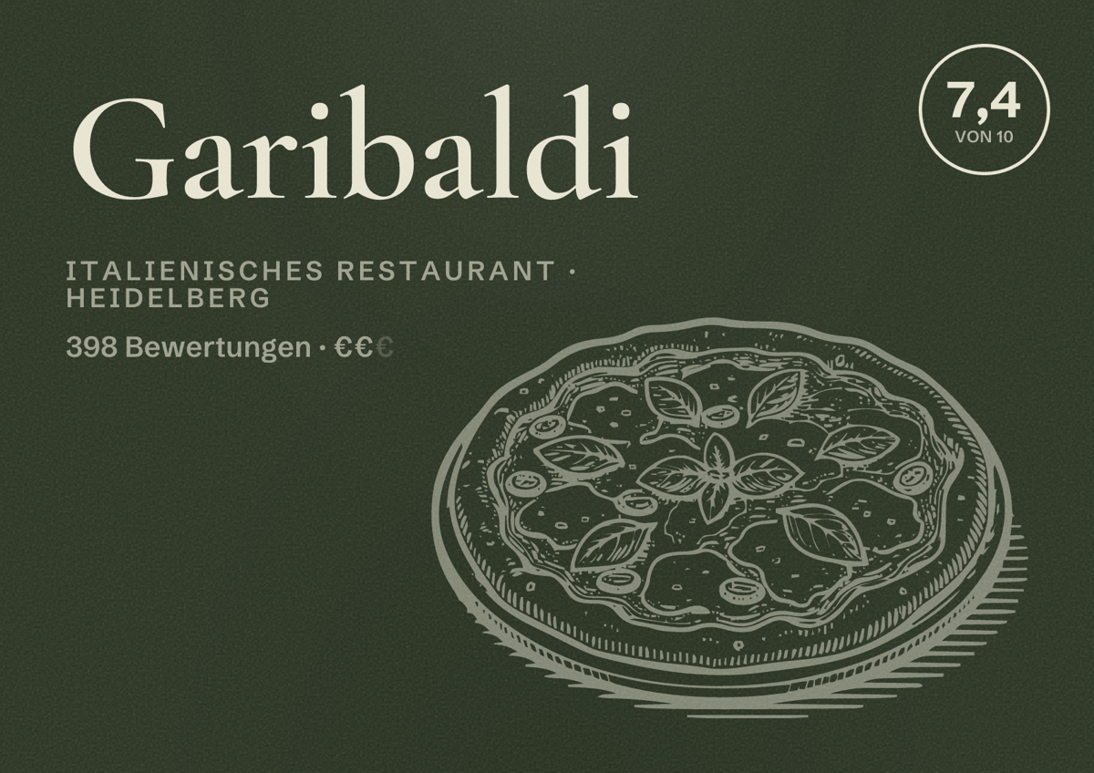 Illustriertes Poster von Garibaldi, Italienisches Restaurant in Heidelberg: Bewertung 7,4 von 10 aus 398 Bewertungen, Preisniveau €€