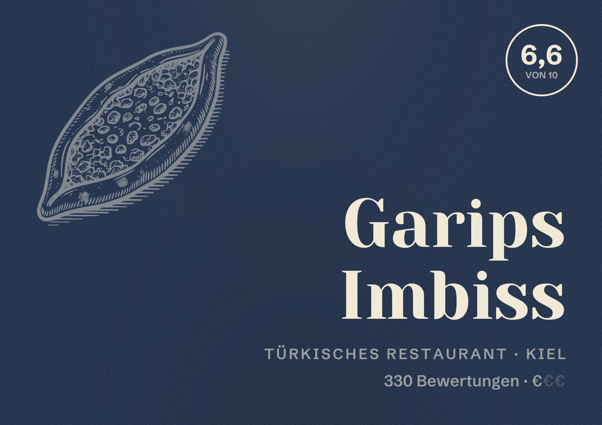 Illustriertes Poster von Garips Imbiss, Türkisches Restaurant in Kiel: Bewertung 6,6 von 10 aus 330 Bewertungen, Preisniveau €