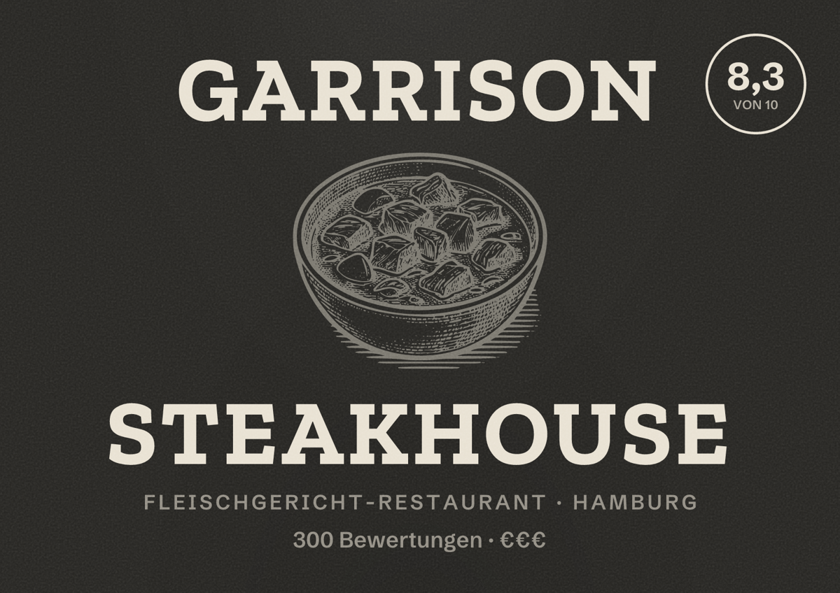 Illustriertes Poster von Garrison Steakhouse, Fleischgericht-Restaurant in Hamburg: Bewertung 8,3 von 10 aus 300 Bewertungen, Preisniveau €€€