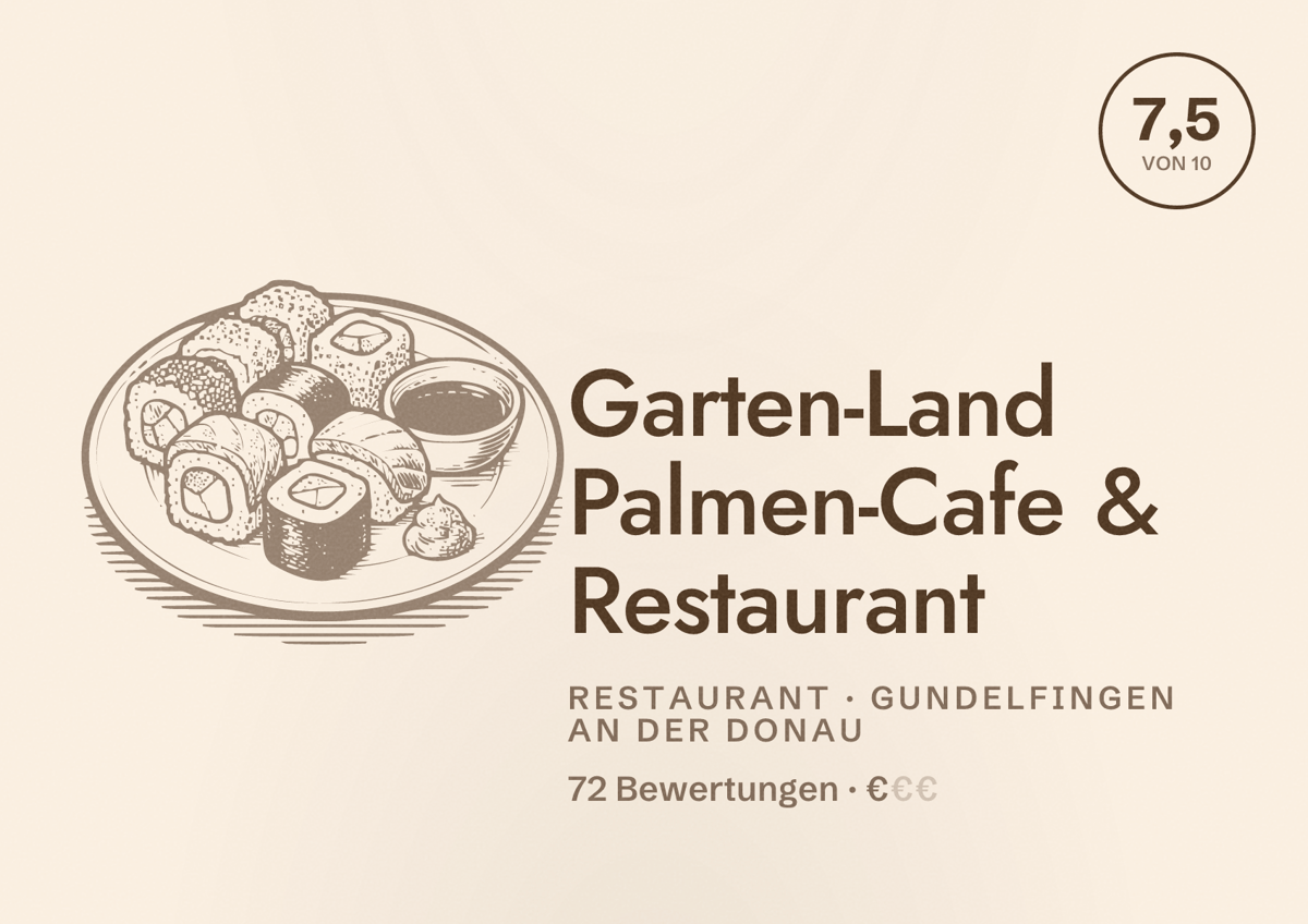 Illustriertes Poster von Garten-Land Palmen-Cafe & Restaurant, Restaurant in Gundelfingen an der Donau: Bewertung 7,5 von 10 aus 72 Bewertungen, Preisniveau €