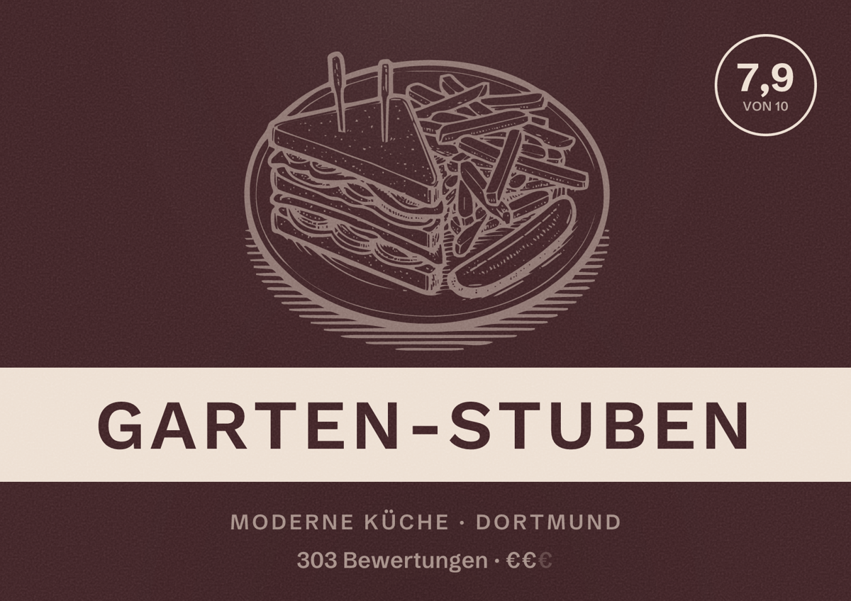 Illustriertes Poster von Garten-Stuben, Moderne Küche in Dortmund: Bewertung 7,9 von 10 aus 303 Bewertungen, Preisniveau €€