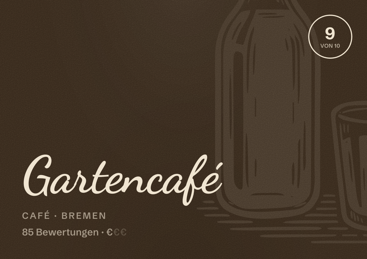 Illustriertes Poster von Gartencafé, Café in Bremen: Bewertung 9 von 10 aus 85 Bewertungen, Preisniveau €
