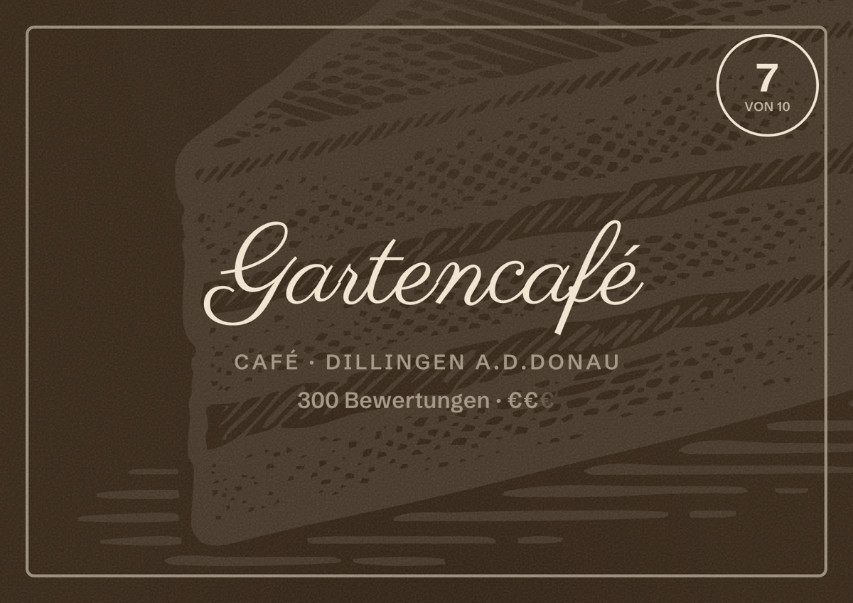 Illustriertes Poster von Gartencafé, Café in Dillingen a.d.Donau: Bewertung 7 von 10 aus 300 Bewertungen, Preisniveau €€