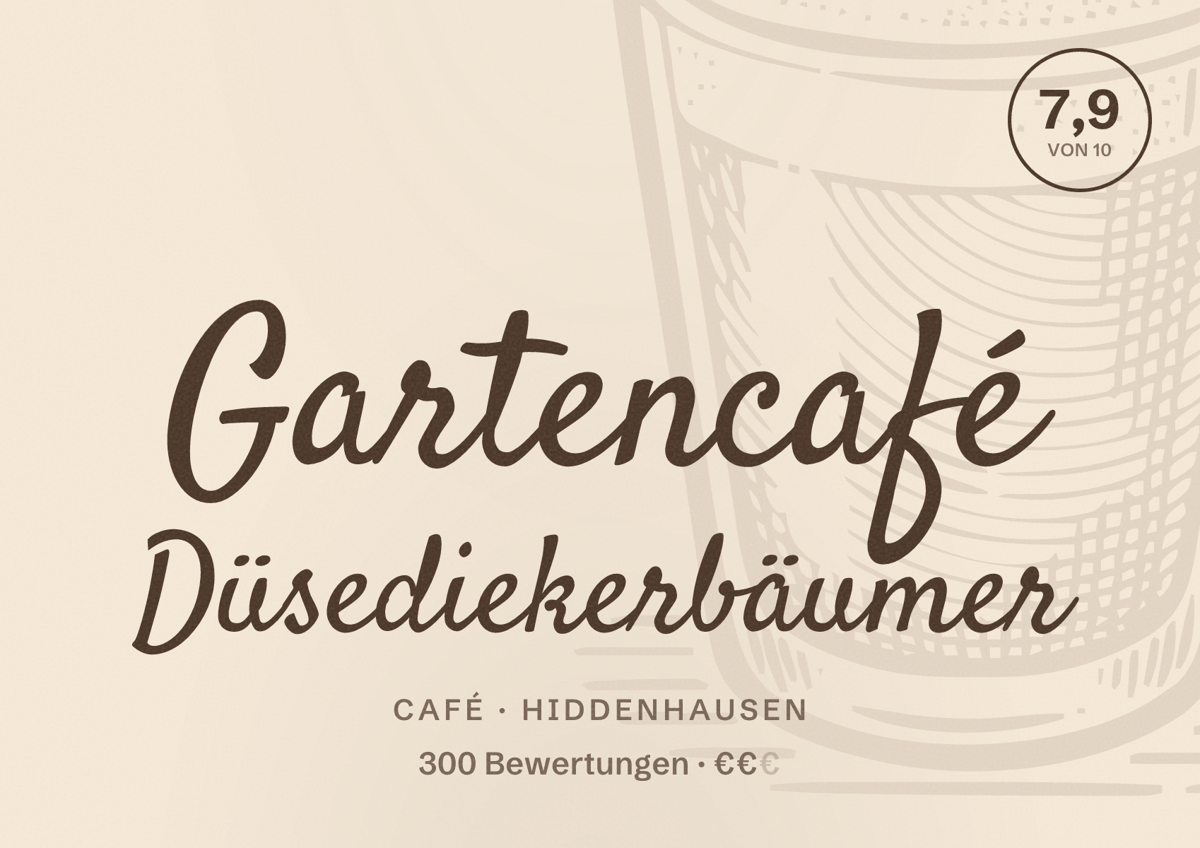 Illustriertes Poster von Gartencafé Düsediekerbäumer, Café in Hiddenhausen: Bewertung 7,9 von 10 aus 300 Bewertungen, Preisniveau €€