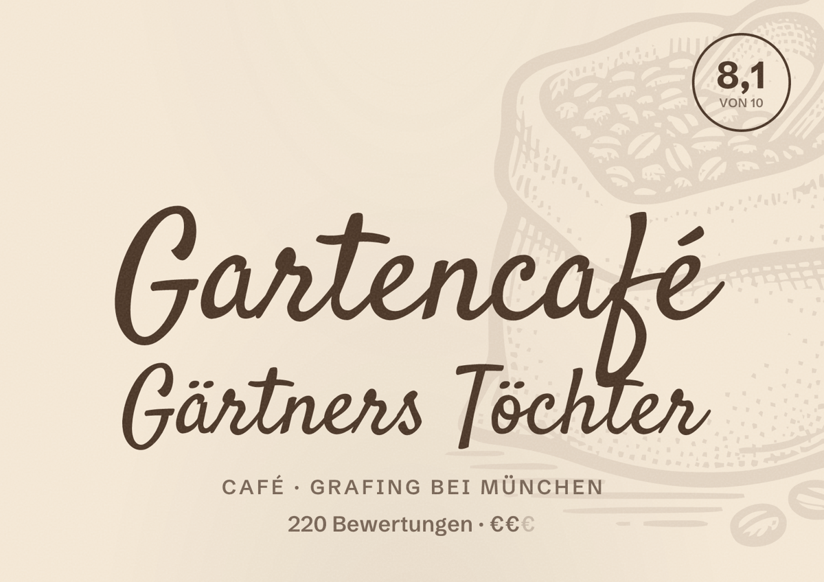 Illustriertes Poster von Gartencafé Gärtners Töchter, Café in Grafing bei München: Bewertung 8,1 von 10 aus 220 Bewertungen, Preisniveau €€