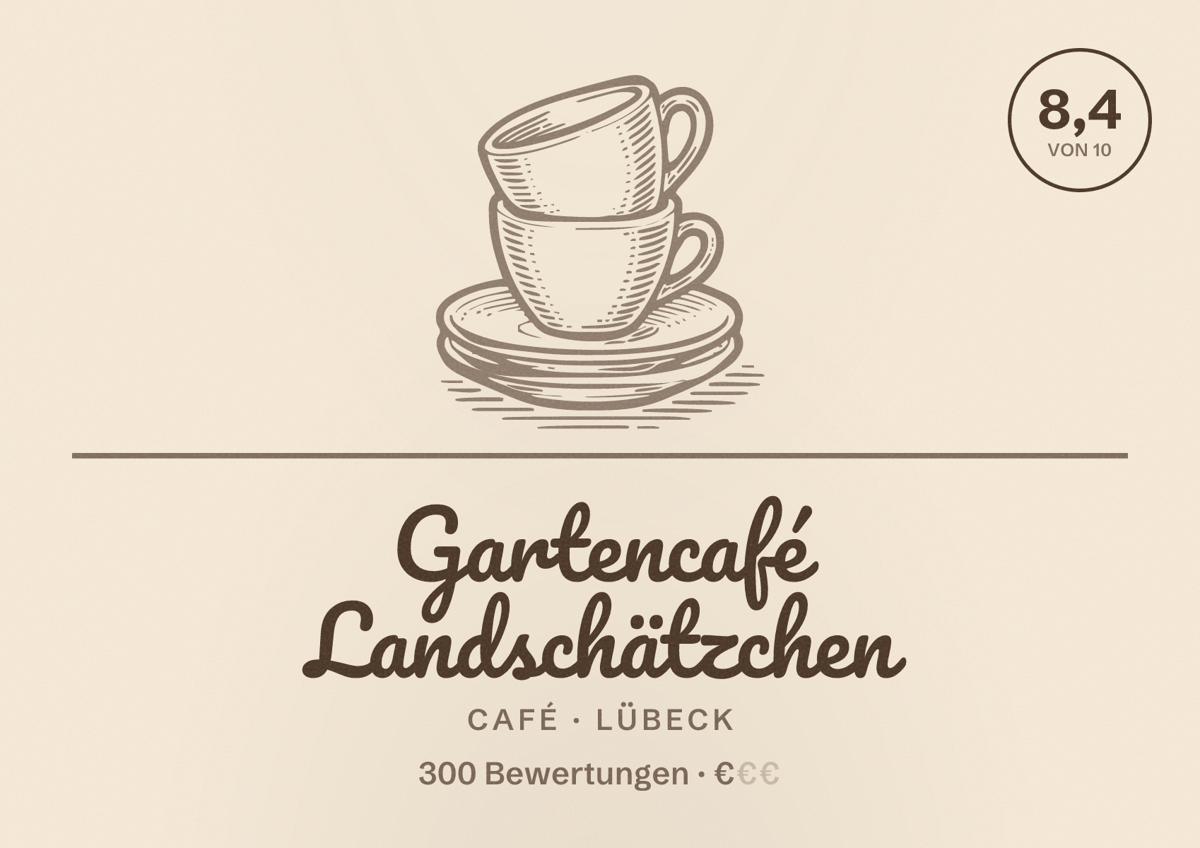 Illustriertes Poster von Gartencafé Landschätzchen, Café in Lübeck: Bewertung 8,4 von 10 aus 300 Bewertungen, Preisniveau €
