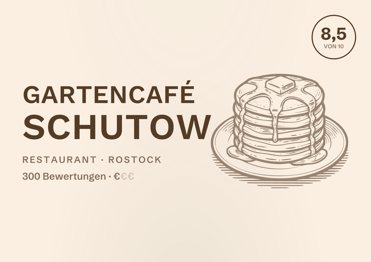 Illustriertes Poster von Gartencafé Schutow, Restaurant in Rostock: Bewertung 8,5 von 10 aus 300 Bewertungen, Preisniveau €