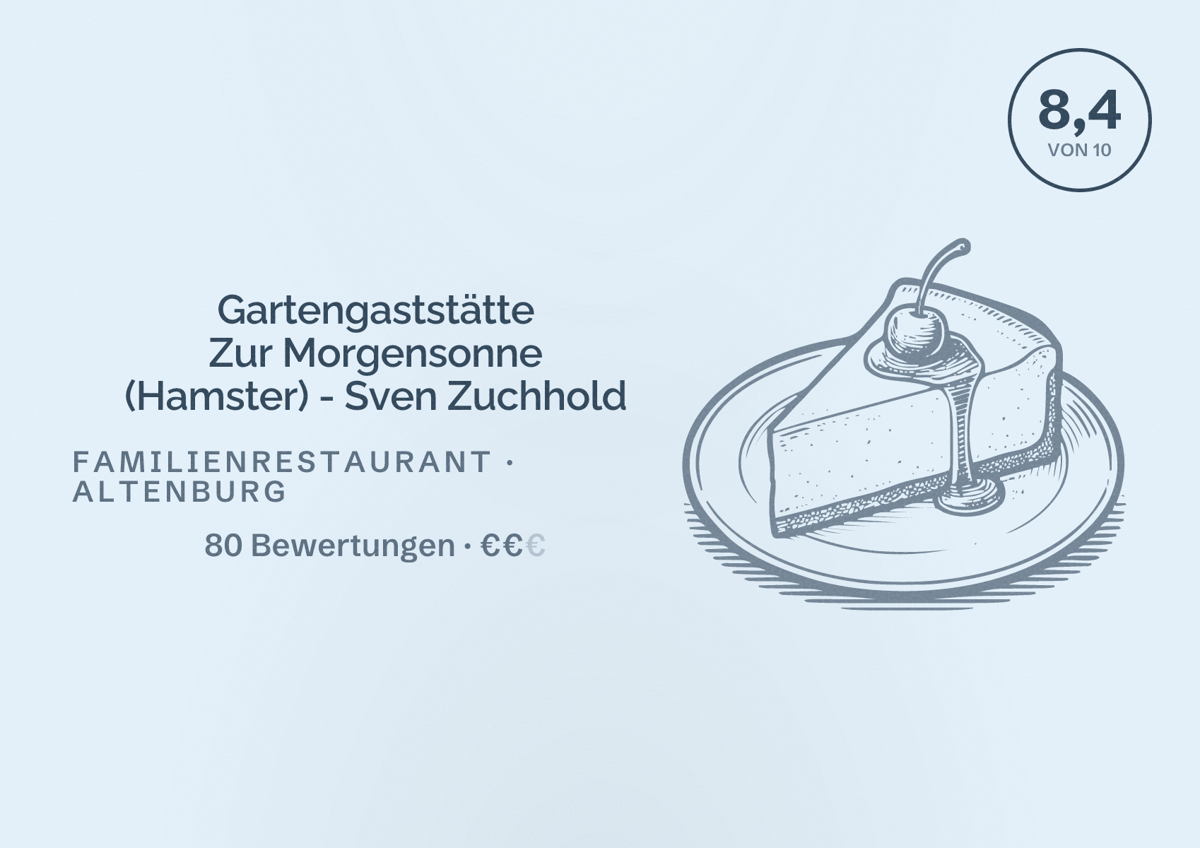 Illustriertes Poster von Gartengaststätte Zur Morgensonne (Hamster) - Sven Zuchhold, Familienrestaurant in Altenburg: Bewertung 8,4 von 10 aus 80 Bewertungen, Preisniveau €€