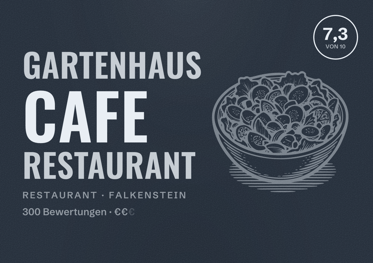 Illustriertes Poster von Gartenhaus Cafe Restaurant, Restaurant in Falkenstein: Bewertung 7,3 von 10 aus 300 Bewertungen, Preisniveau €€