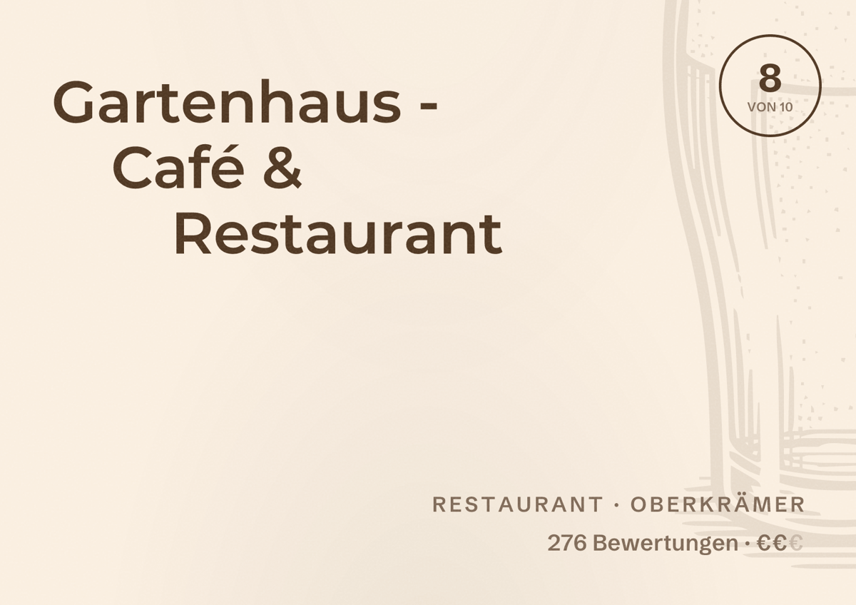 Illustriertes Poster von Gartenhaus - Café & Restaurant, Restaurant in Oberkrämer: Bewertung 8 von 10 aus 276 Bewertungen, Preisniveau €€