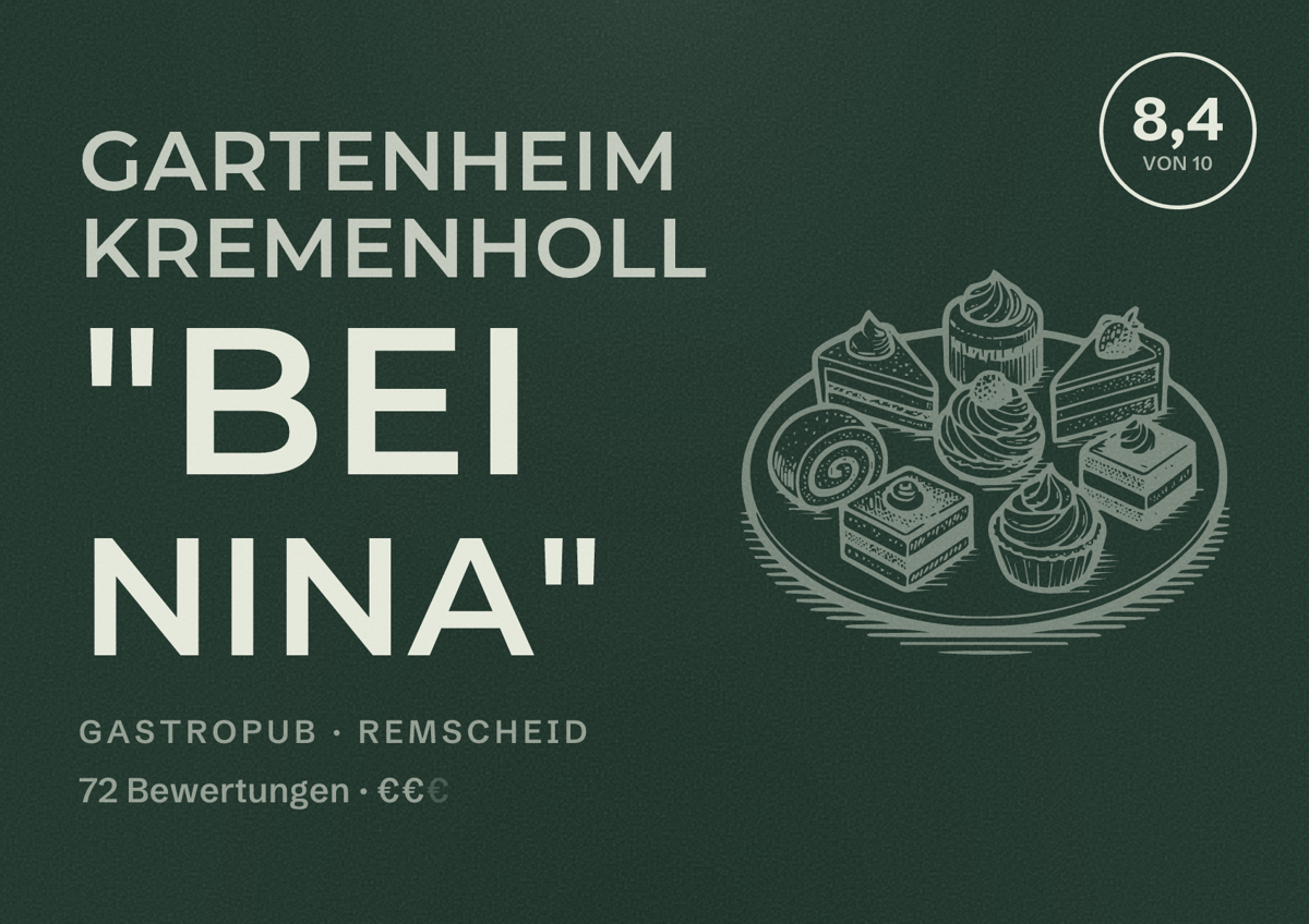 Illustriertes Poster von Gartenheim Kremenholl "Bei Nina", Gastropub in Remscheid: Bewertung 8,4 von 10 aus 72 Bewertungen, Preisniveau €€