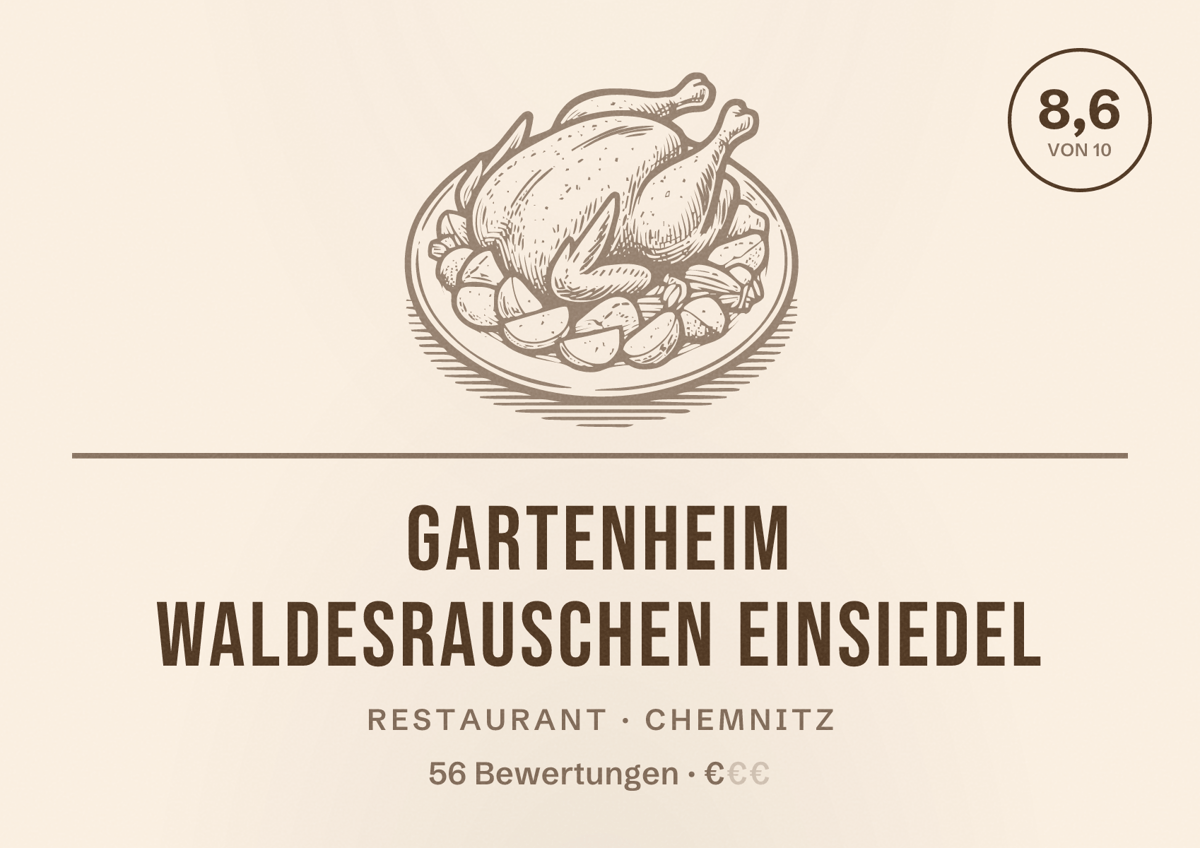 Illustriertes Poster von Gartenheim Waldesrauschen Einsiedel, Restaurant in Chemnitz: Bewertung 8,6 von 10 aus 56 Bewertungen, Preisniveau €