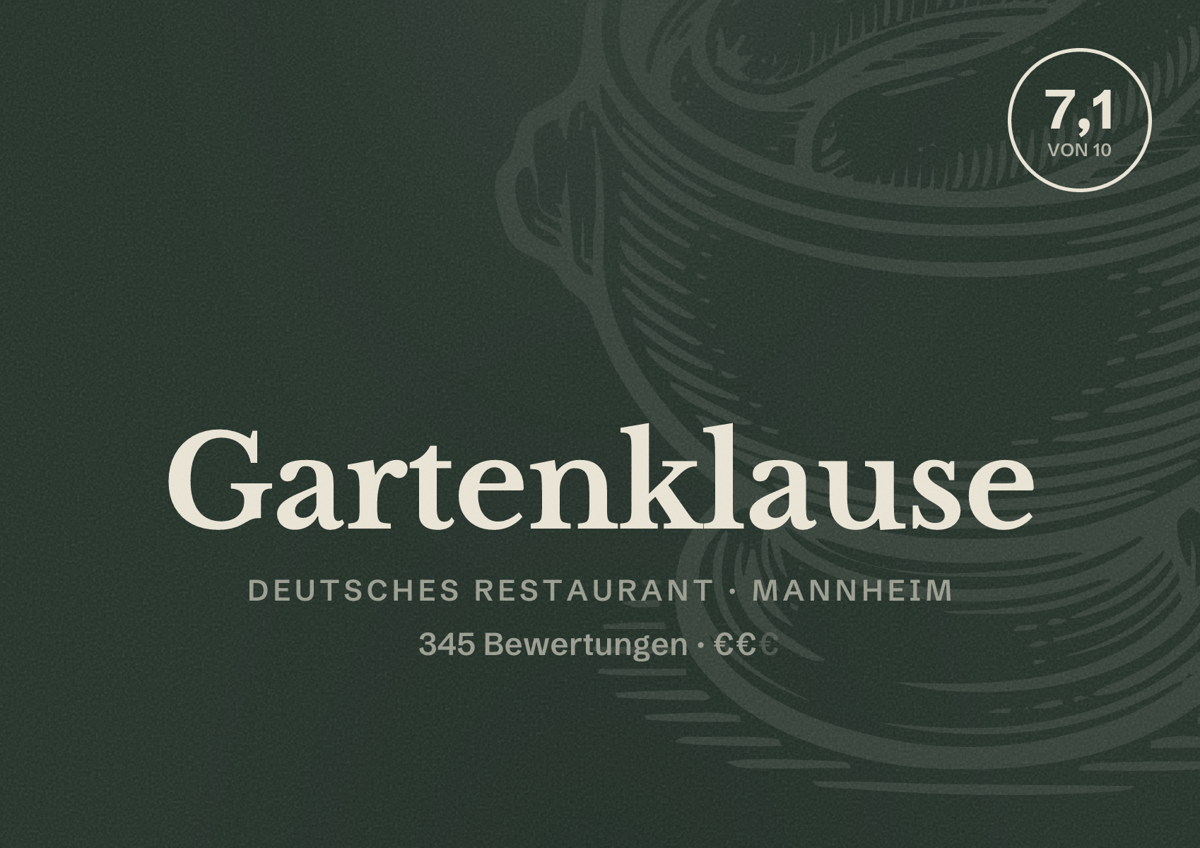 Illustriertes Poster von Gartenklause, Deutsches Restaurant in Mannheim: Bewertung 7,1 von 10 aus 345 Bewertungen, Preisniveau €€