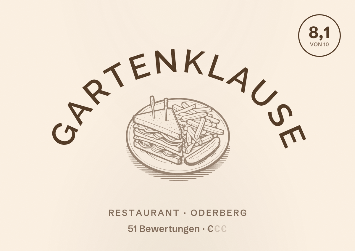 Illustriertes Poster von Gartenklause, Restaurant in Oderberg: Bewertung 8,1 von 10 aus 51 Bewertungen, Preisniveau €