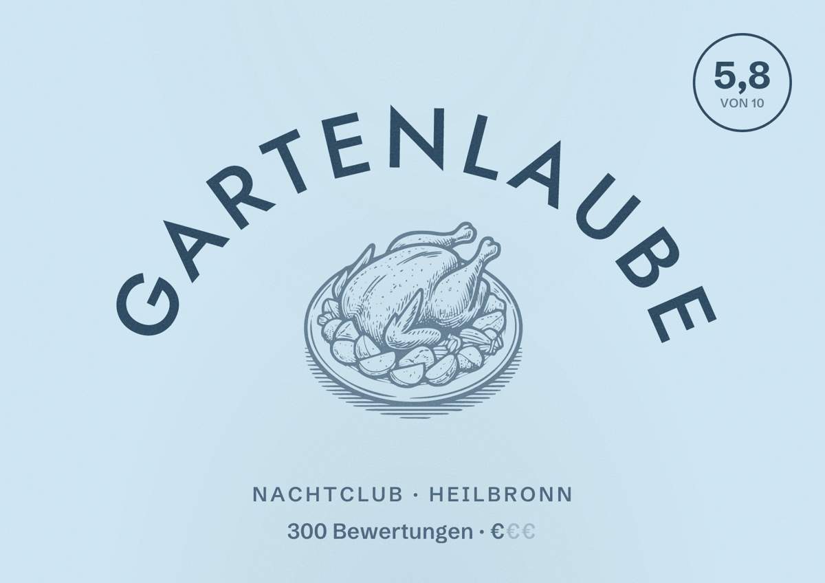 Illustriertes Poster von Gartenlaube, Nachtclub in Heilbronn: Bewertung 5,8 von 10 aus 300 Bewertungen, Preisniveau €