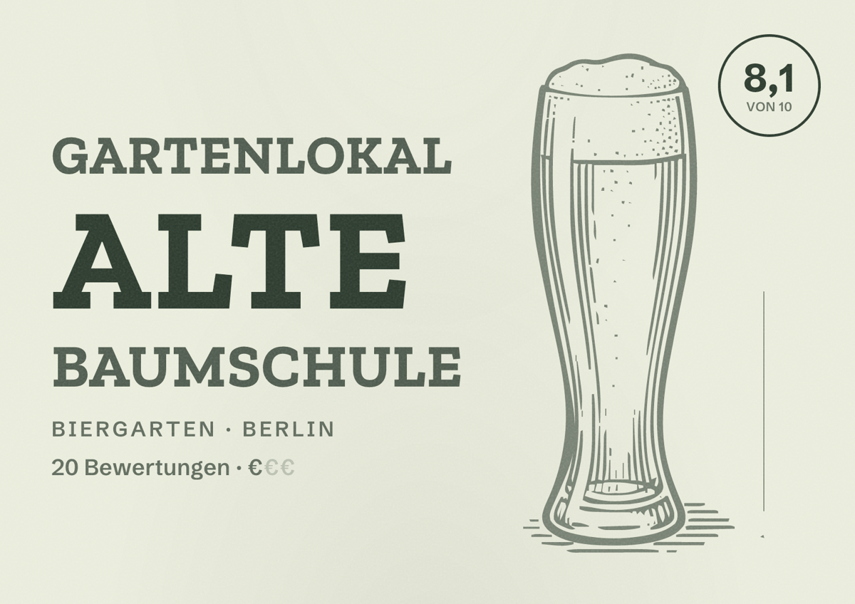 Illustriertes Poster von Gartenlokal Alte Baumschule, Biergarten in Berlin: Bewertung 8,1 von 10 aus 20 Bewertungen, Preisniveau €
