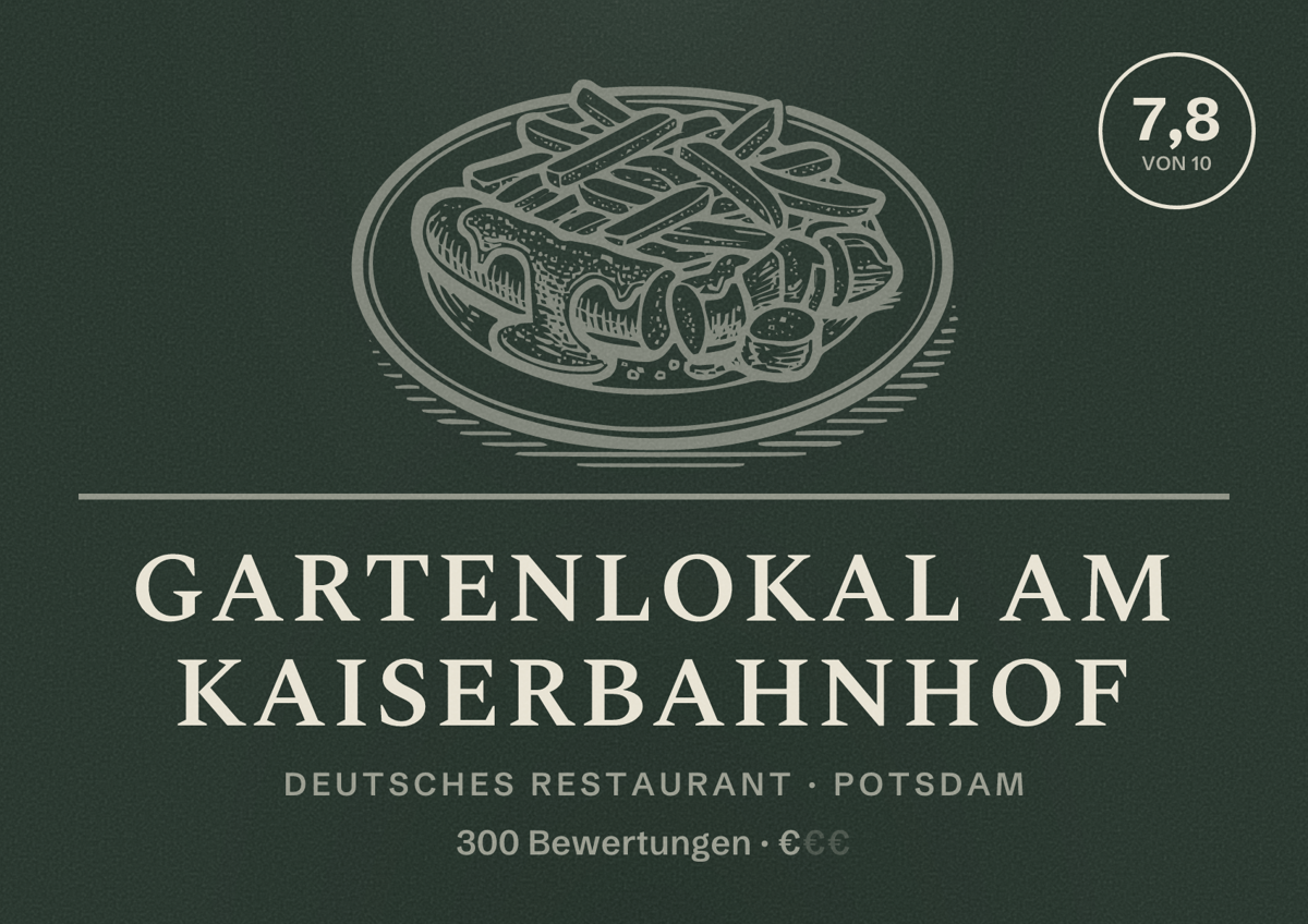 Illustriertes Poster von Gartenlokal Am Kaiserbahnhof, Deutsches Restaurant in Potsdam: Bewertung 7,8 von 10 aus 300 Bewertungen, Preisniveau €