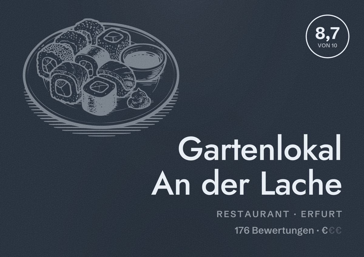 Illustriertes Poster von Gartenlokal An der Lache, Restaurant in Erfurt: Bewertung 8,7 von 10 aus 176 Bewertungen, Preisniveau €