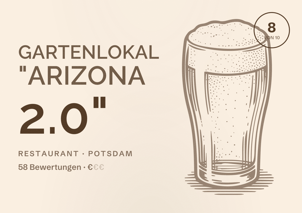 Illustriertes Poster von Gartenlokal "ARIZONA 2.0", Restaurant in Potsdam: Bewertung 8 von 10 aus 58 Bewertungen, Preisniveau €