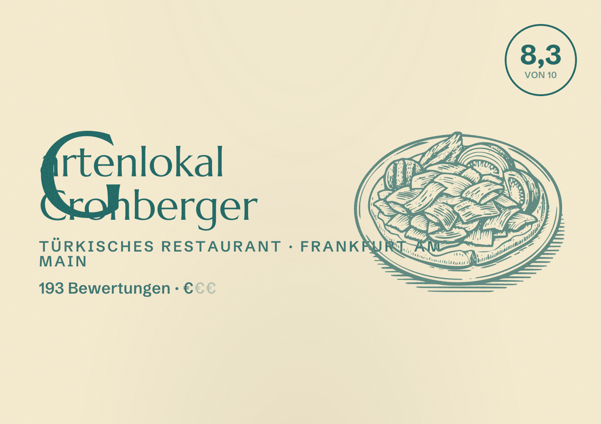 Illustriertes Poster von Gartenlokal Cronberger, Türkisches Restaurant in Frankfurt am Main: Bewertung 8,3 von 10 aus 193 Bewertungen, Preisniveau €