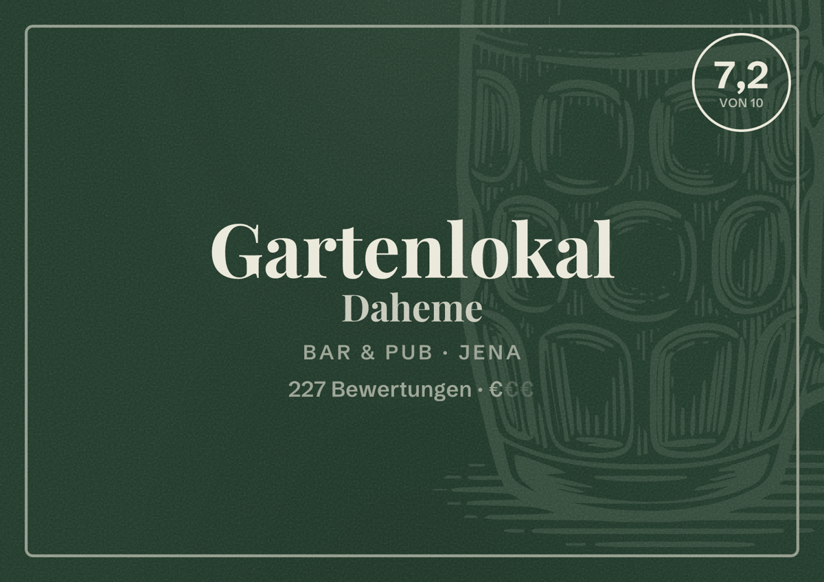Illustriertes Poster von Gartenlokal Daheme, Bar & Pub in Jena: Bewertung 7,2 von 10 aus 227 Bewertungen, Preisniveau €