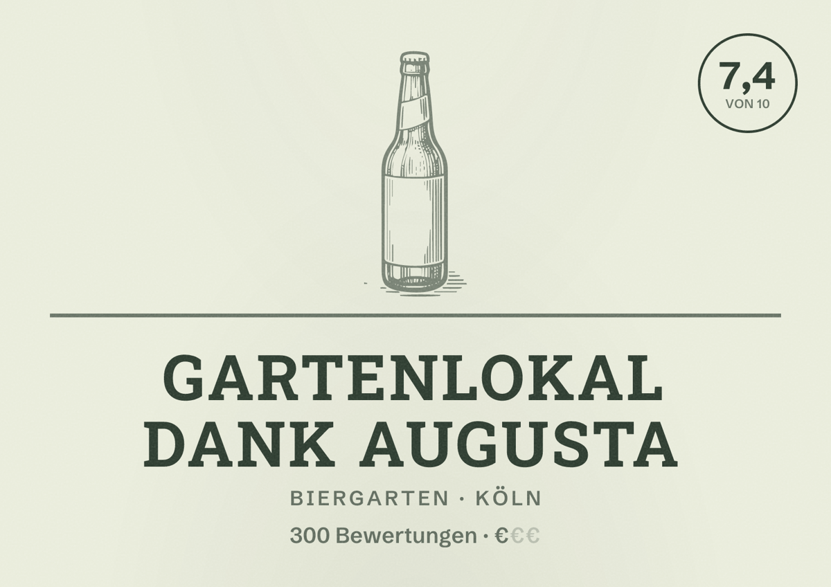 Illustriertes Poster von Gartenlokal Dank Augusta, Biergarten in Köln: Bewertung 7,4 von 10 aus 300 Bewertungen, Preisniveau €
