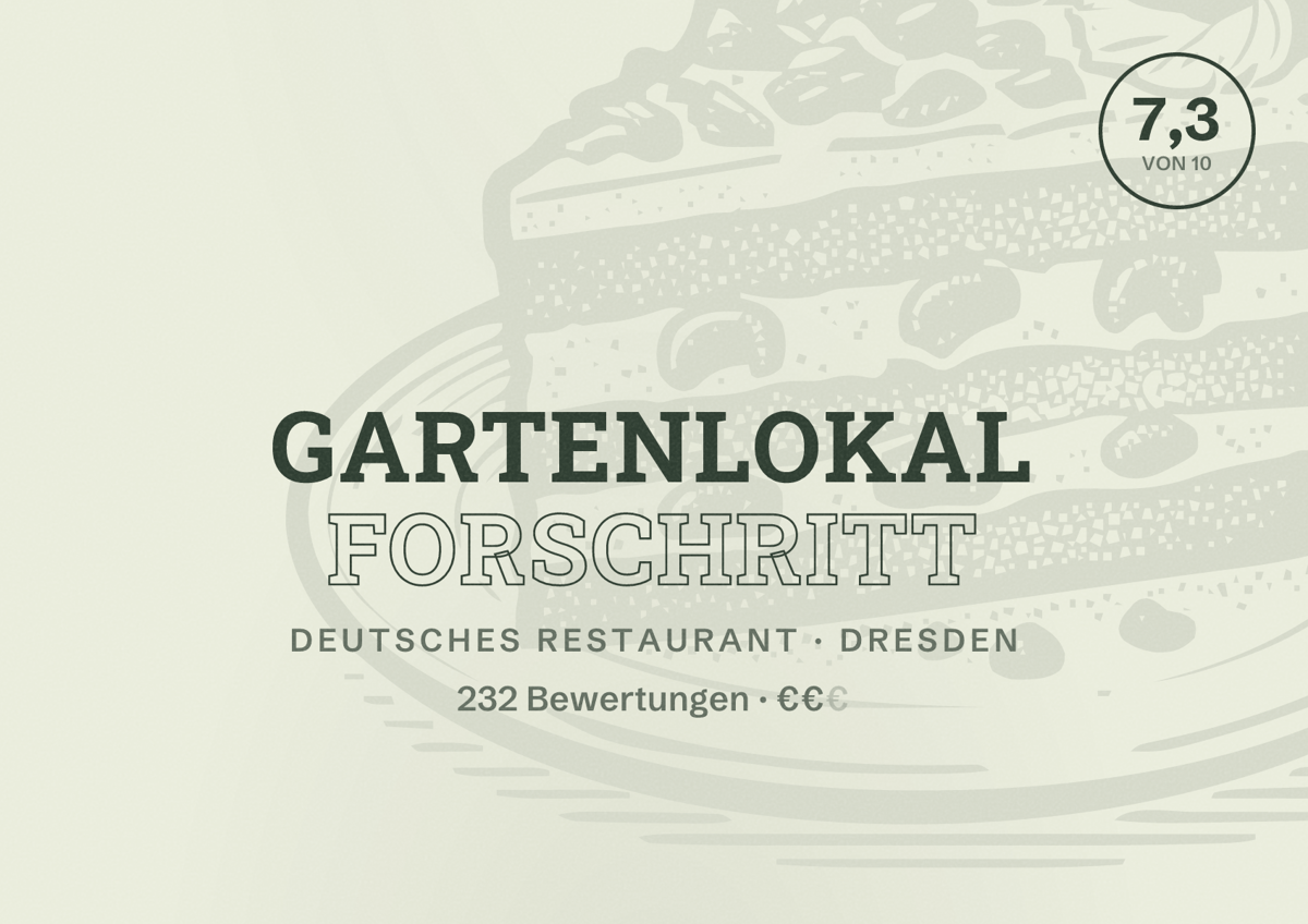 Illustriertes Poster von Gartenlokal Forschritt, Deutsches Restaurant in Dresden: Bewertung 7,3 von 10 aus 232 Bewertungen, Preisniveau €€