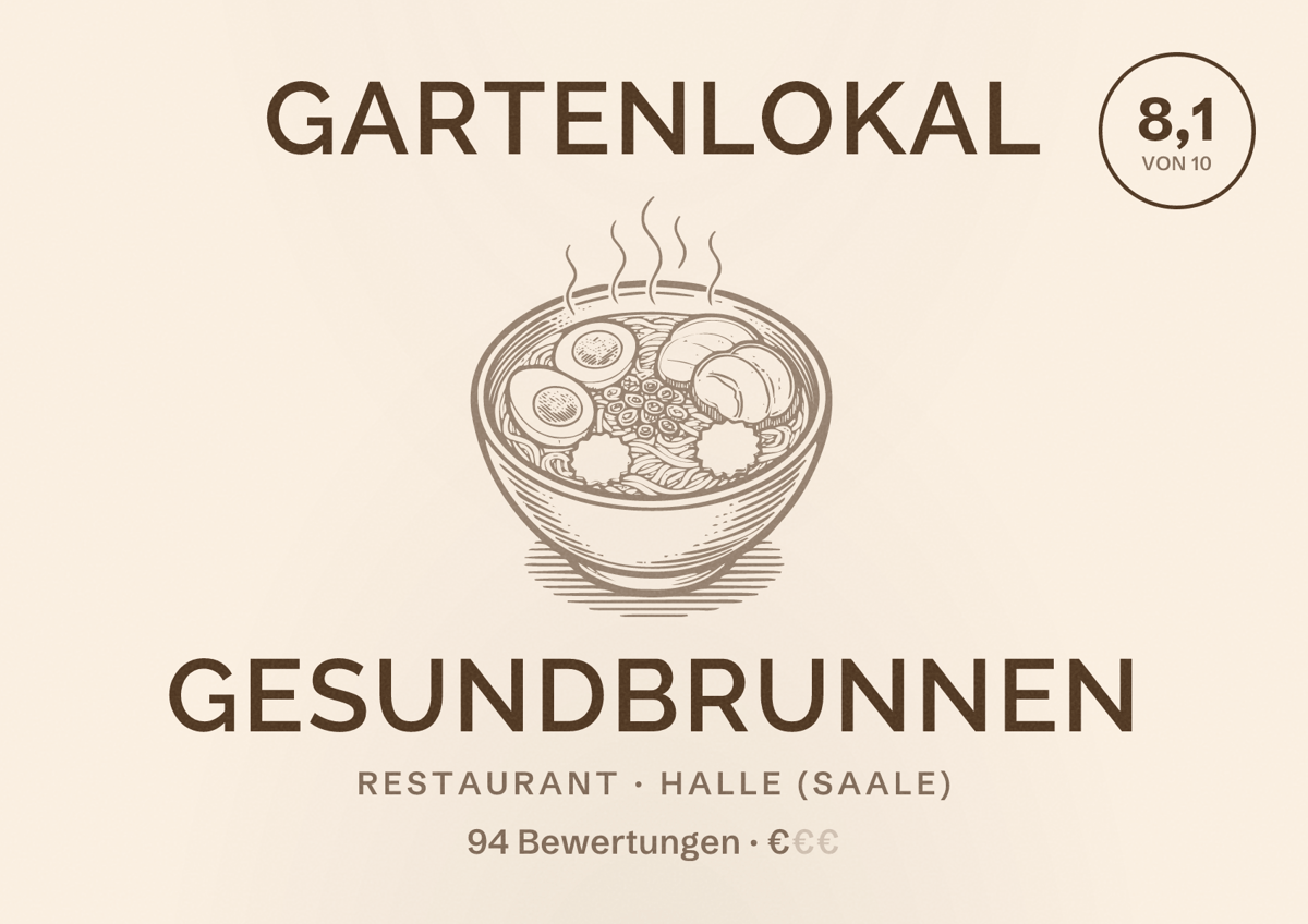 Illustriertes Poster von Gartenlokal Gesundbrunnen, Restaurant in Halle (Saale): Bewertung 8,1 von 10 aus 94 Bewertungen, Preisniveau €