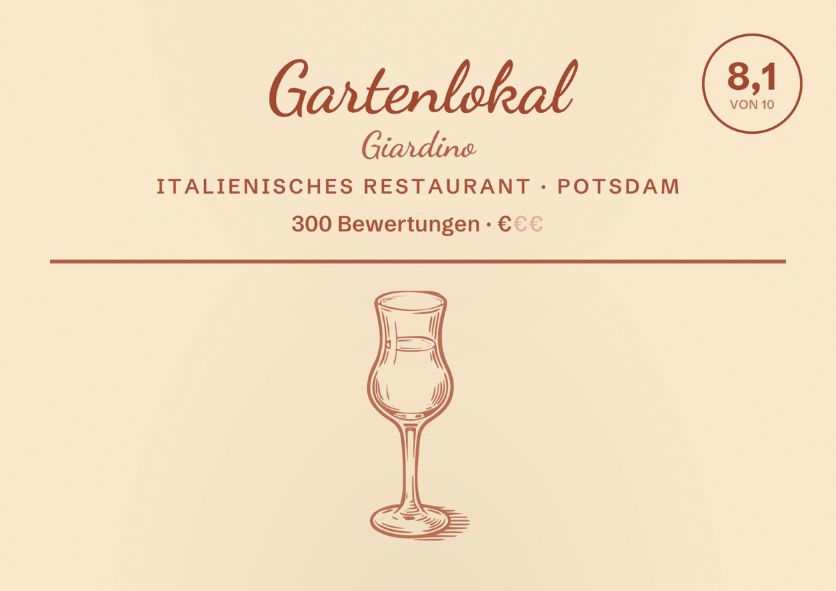 Illustriertes Poster von Gartenlokal Giardino, Italienisches Restaurant in Potsdam: Bewertung 8,1 von 10 aus 300 Bewertungen, Preisniveau €