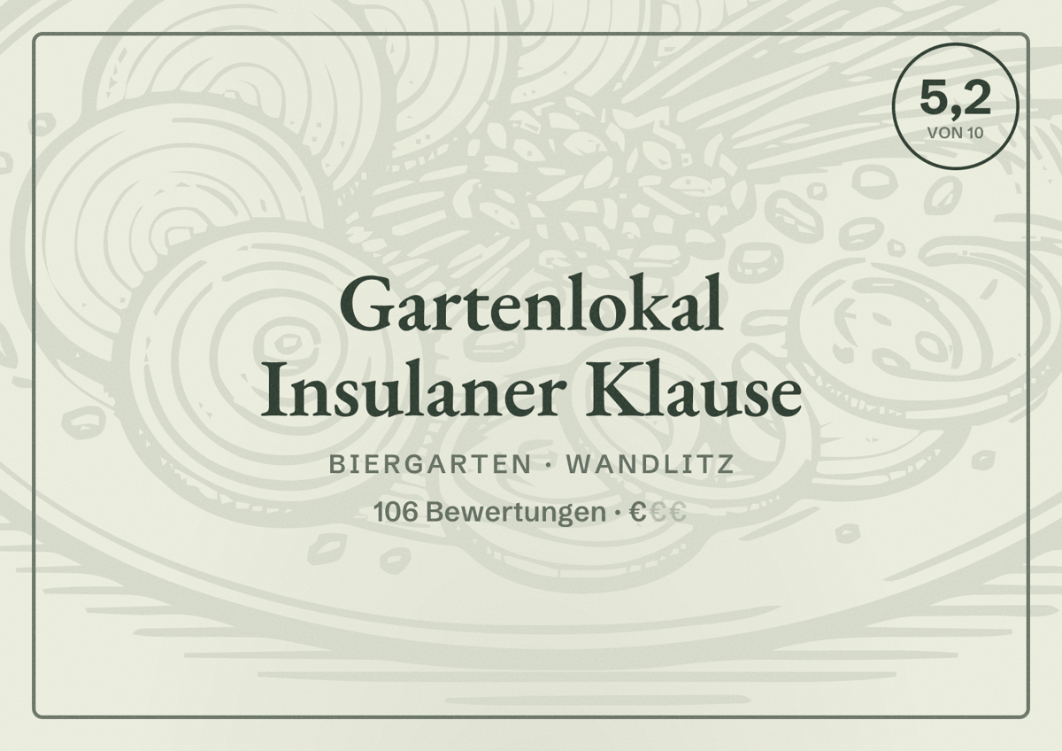 Illustriertes Poster von Gartenlokal Insulaner Klause, Biergarten in Wandlitz: Bewertung 5,2 von 10 aus 106 Bewertungen, Preisniveau €