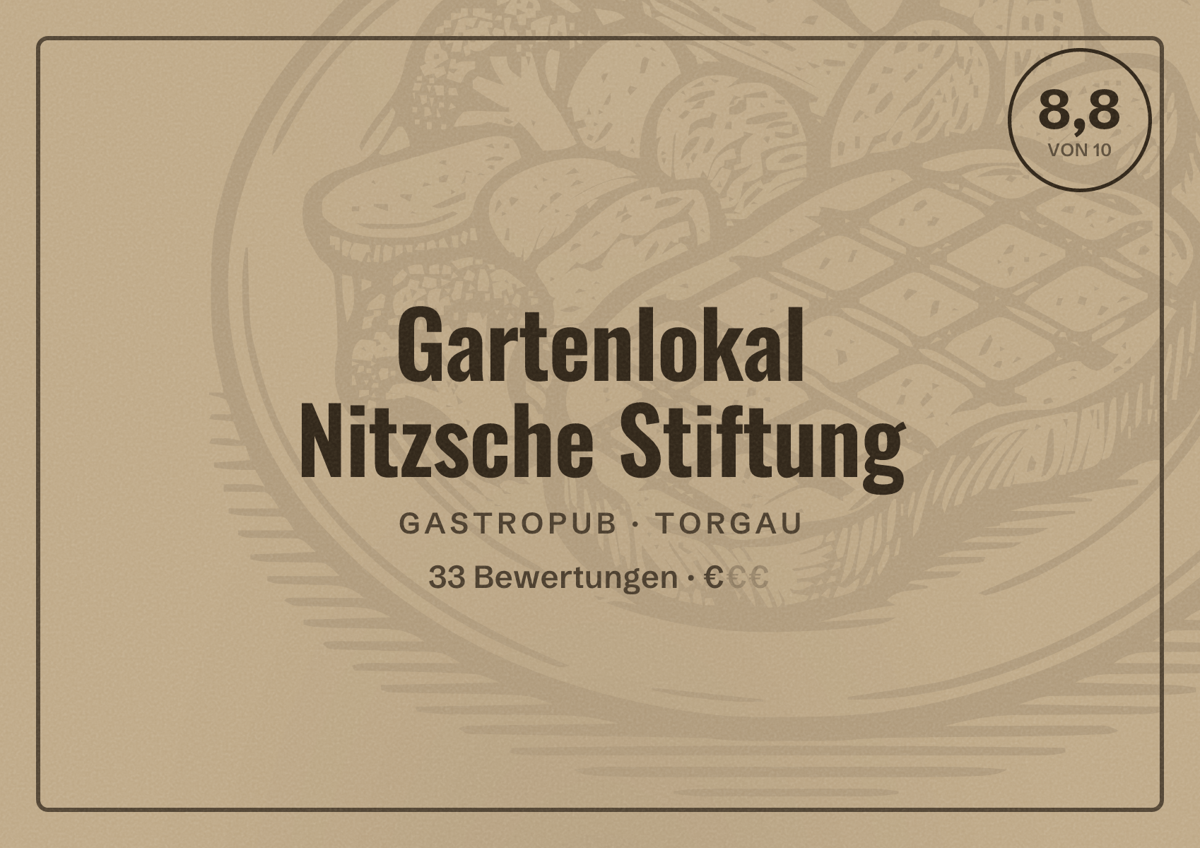 Illustriertes Poster von Gartenlokal Nitzsche Stiftung, Gastropub in Torgau: Bewertung 8,8 von 10 aus 33 Bewertungen, Preisniveau €