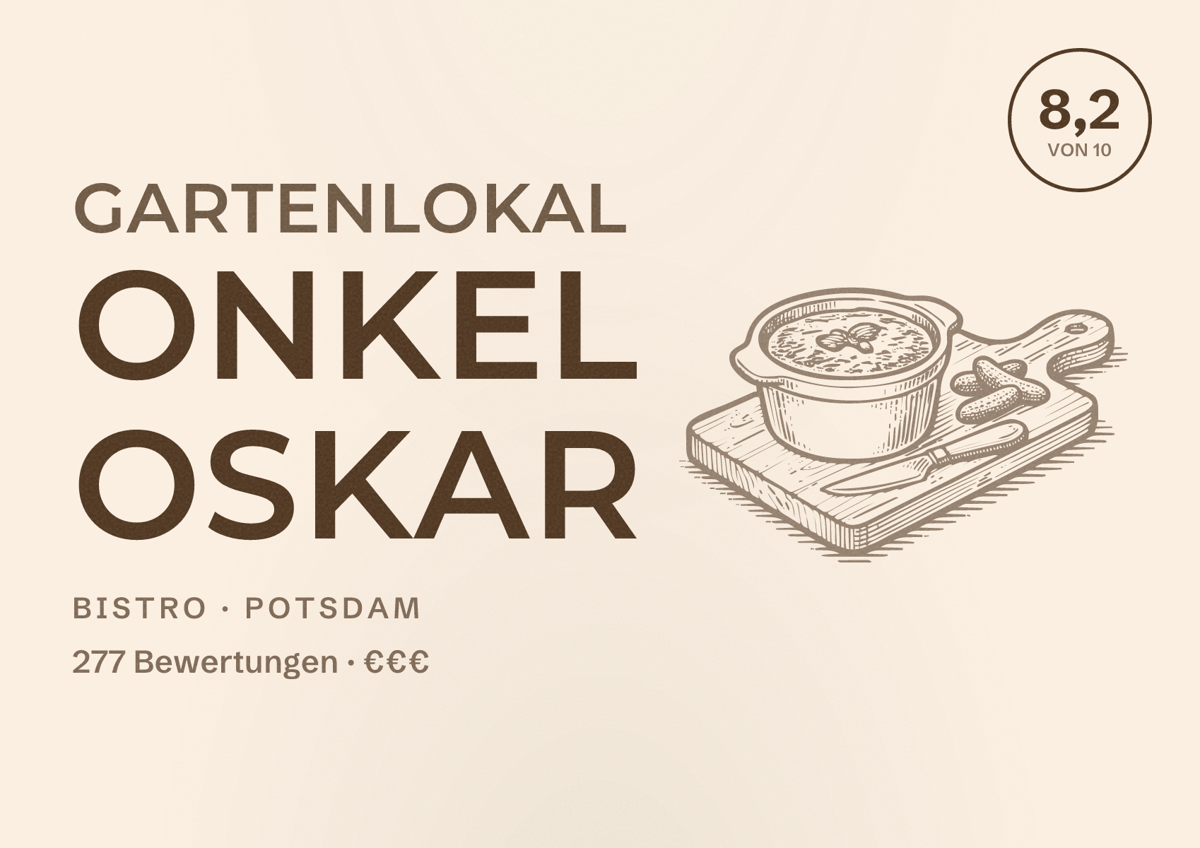 Illustriertes Poster von Gartenlokal Onkel Oskar, Bistro in Potsdam: Bewertung 8,2 von 10 aus 277 Bewertungen, Preisniveau €€€