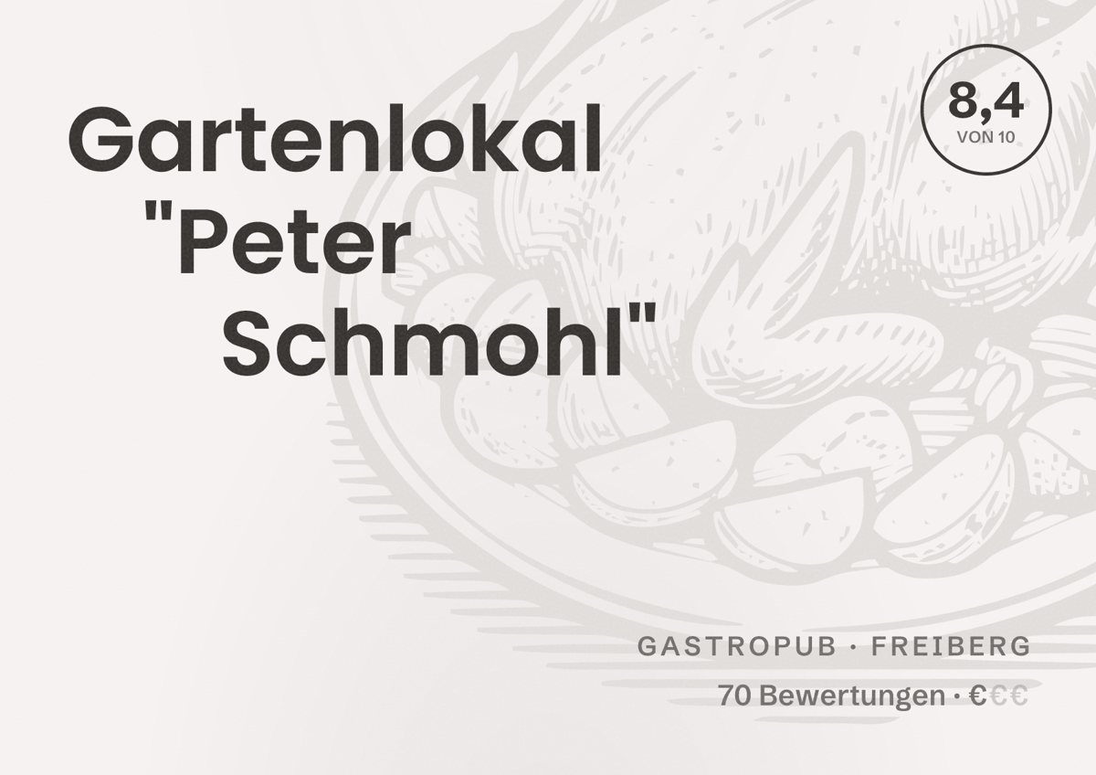 Illustriertes Poster von Gartenlokal "Peter Schmohl", Gastropub in Freiberg: Bewertung 8,4 von 10 aus 70 Bewertungen, Preisniveau €