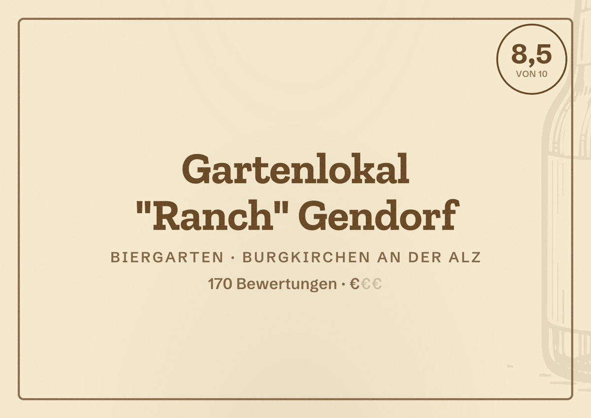 Illustriertes Poster von Gartenlokal "Ranch" Gendorf, Biergarten in Burgkirchen an der Alz: Bewertung 8,5 von 10 aus 170 Bewertungen, Preisniveau €
