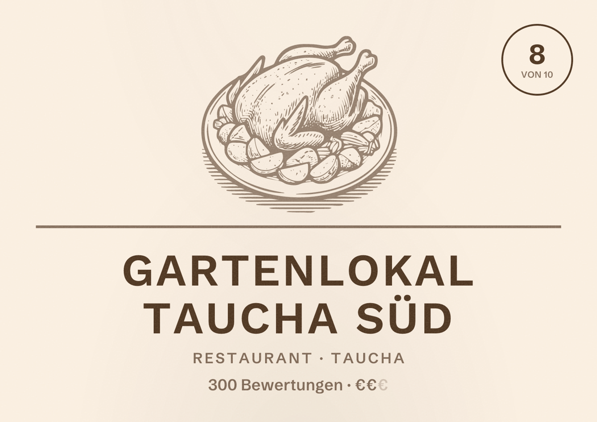 Illustriertes Poster von Gartenlokal Taucha Süd, Restaurant in Taucha: Bewertung 8 von 10 aus 300 Bewertungen, Preisniveau €€