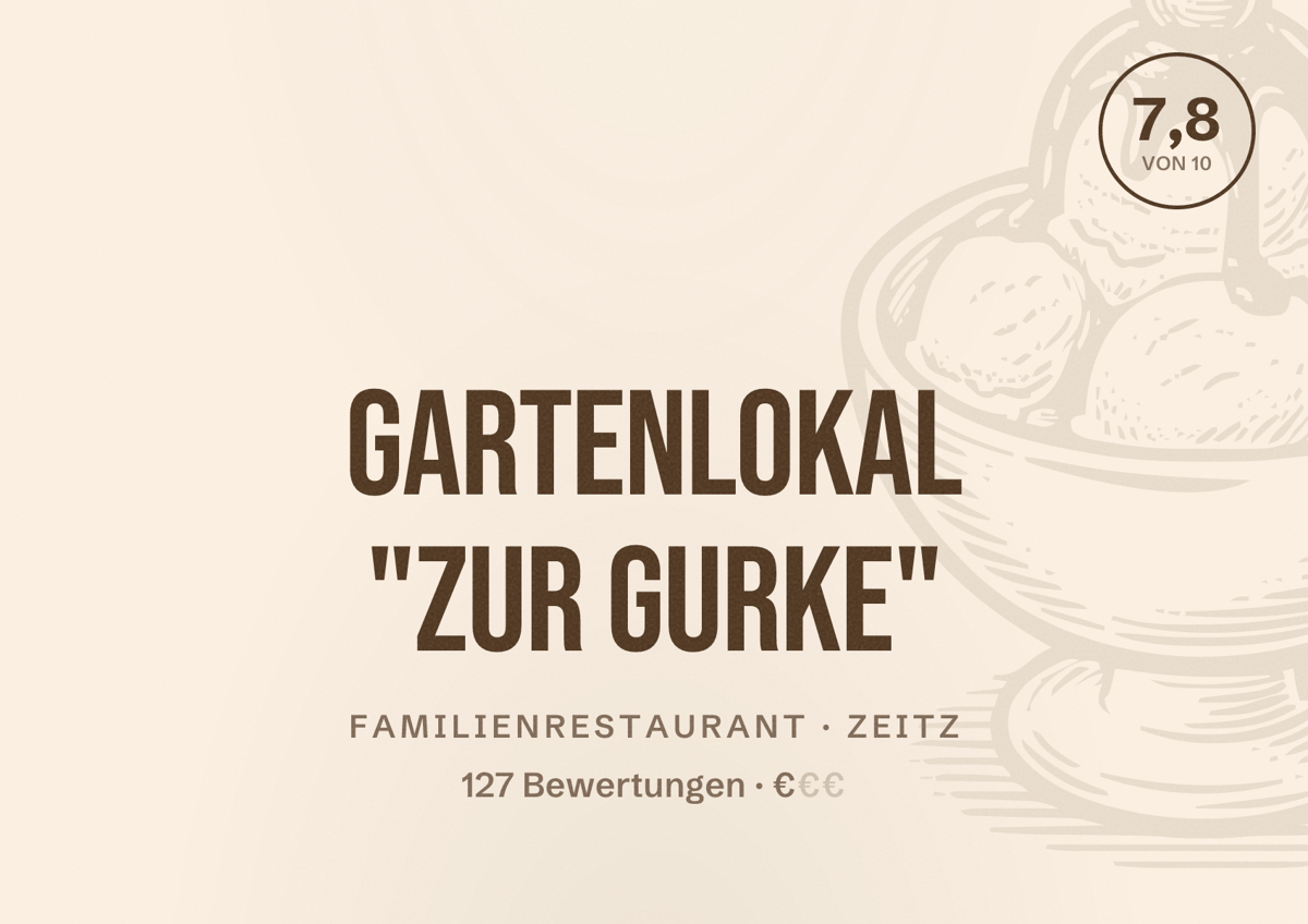 Illustriertes Poster von Gartenlokal "Zur Gurke", Familienrestaurant in Zeitz: Bewertung 7,8 von 10 aus 127 Bewertungen, Preisniveau €