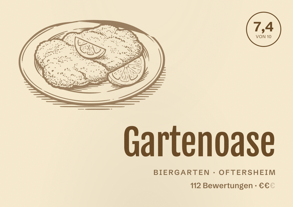 Illustriertes Poster von Gartenoase, Biergarten in Oftersheim: Bewertung 7,4 von 10 aus 112 Bewertungen, Preisniveau €€
