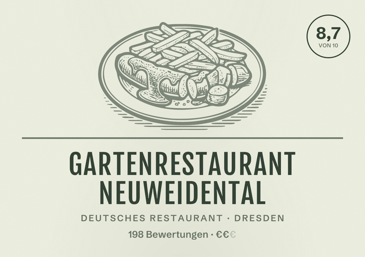 Illustriertes Poster von Gartenrestaurant Neuweidental, Deutsches Restaurant in Dresden: Bewertung 8,7 von 10 aus 198 Bewertungen, Preisniveau €€