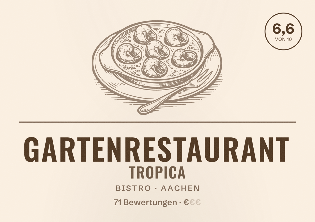 Illustriertes Poster von Gartenrestaurant Tropica, Bistro in Aachen: Bewertung 6,6 von 10 aus 71 Bewertungen, Preisniveau €