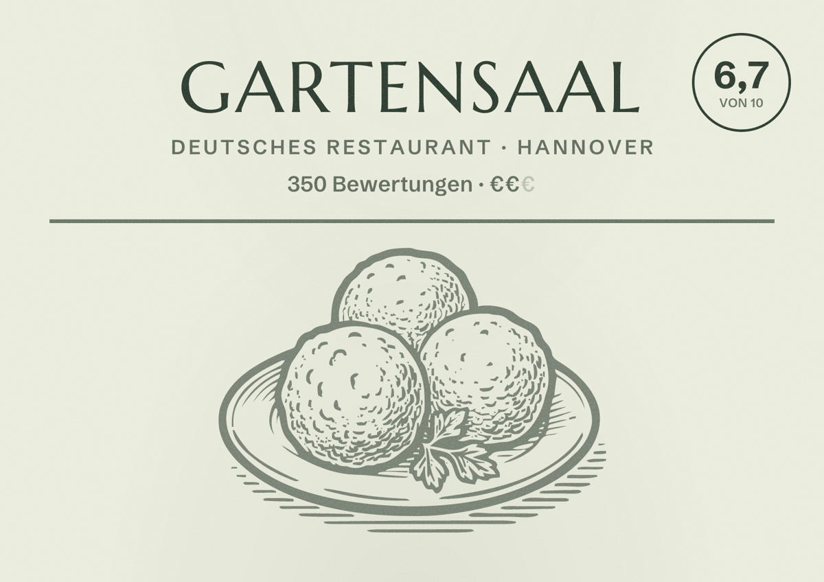 Illustriertes Poster von Gartensaal, Deutsches Restaurant in Hannover: Bewertung 6,7 von 10 aus 350 Bewertungen, Preisniveau €€