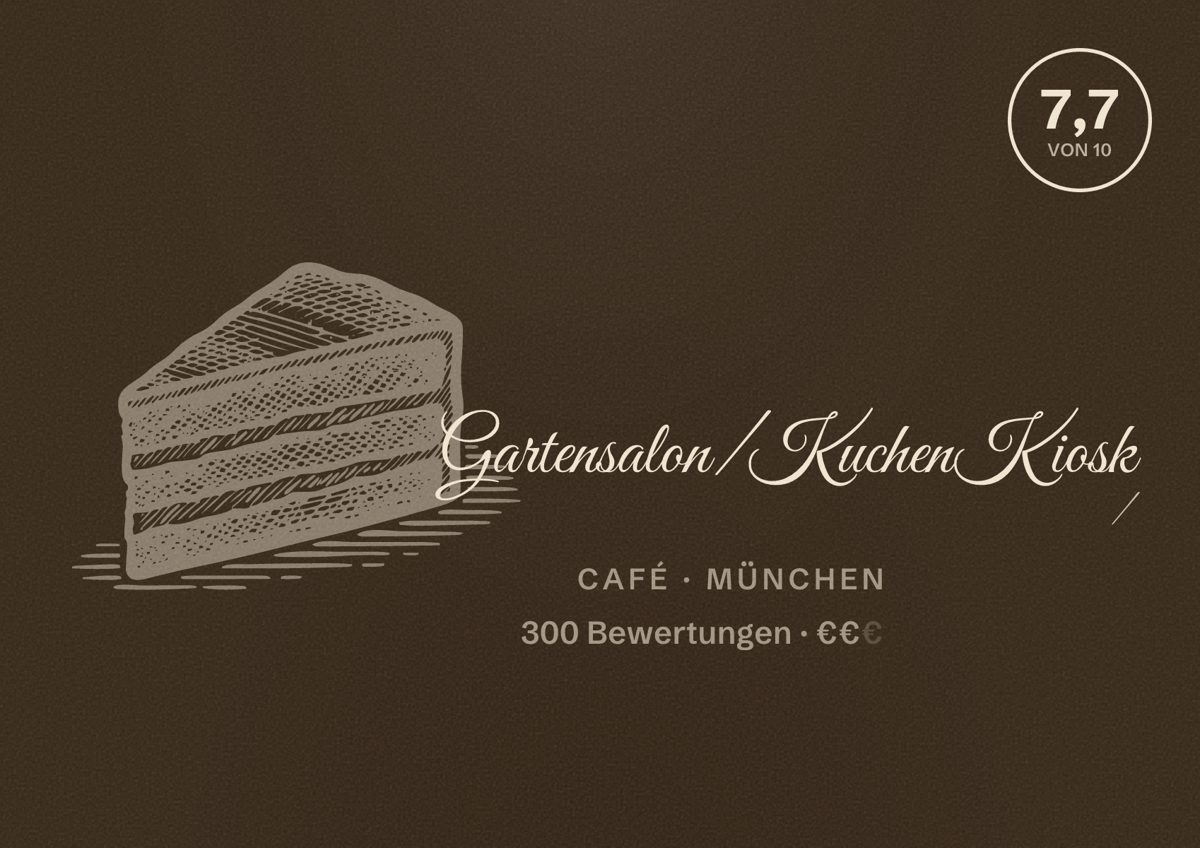 Illustriertes Poster von Gartensalon/KuchenKiosk /, Café in München: Bewertung 7,7 von 10 aus 300 Bewertungen, Preisniveau €€